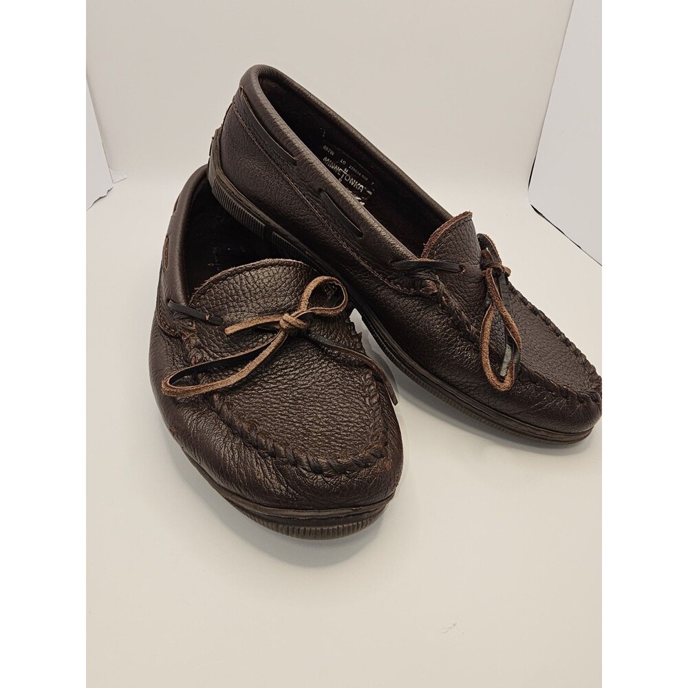 MINNETONKA Classic Moosehide Moose Leather Hardsole Moccasins Brown 492W 10 Wide